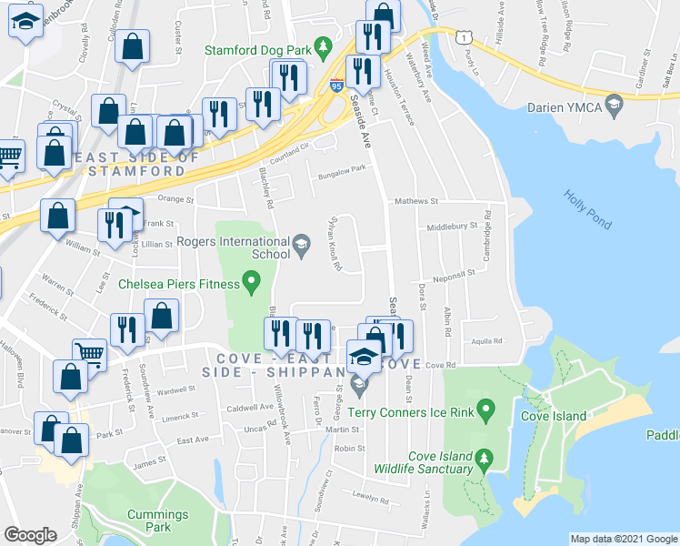 map of restaurants, bars, coffee shops, grocery stores, and more near 437 Sylvan Knoll Road in Stamford
