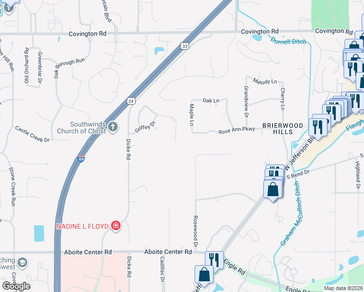 map of restaurants, bars, coffee shops, grocery stores, and more near 3407 Tarrant Springs Tr in Fort Wayne