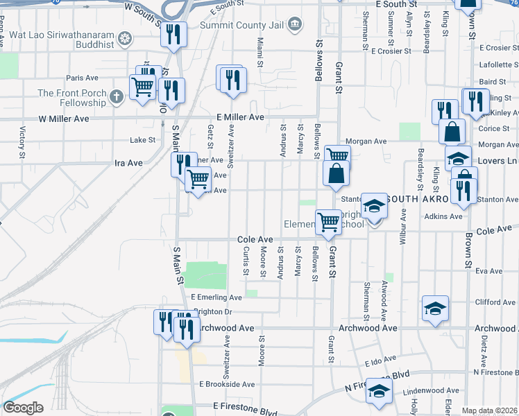 map of restaurants, bars, coffee shops, grocery stores, and more near 1281 Curtis Street in Akron
