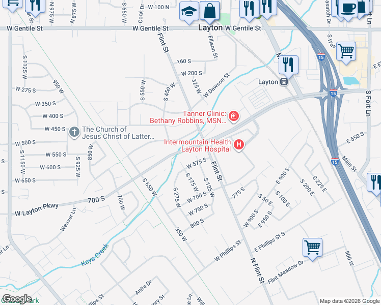 map of restaurants, bars, coffee shops, grocery stores, and more near 567 South 125 West in Layton