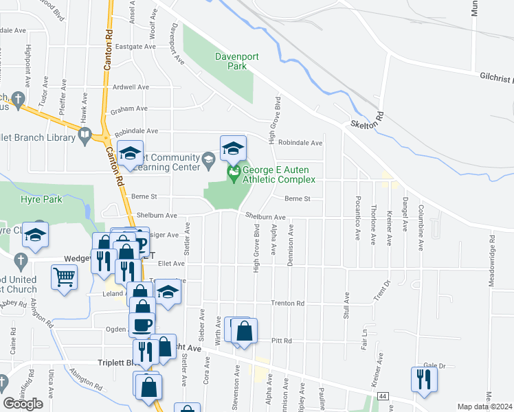 map of restaurants, bars, coffee shops, grocery stores, and more near 214 High Grove Boulevard in Akron