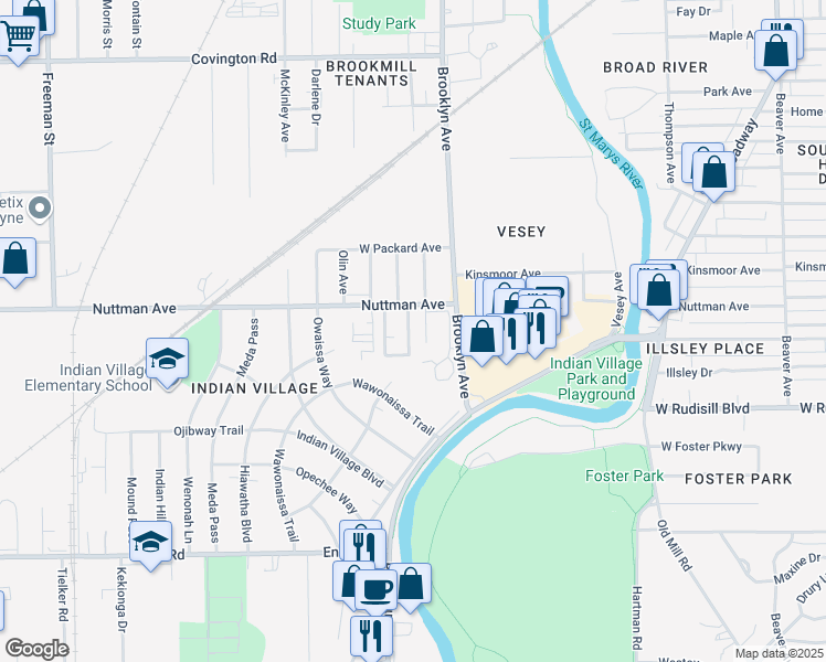map of restaurants, bars, coffee shops, grocery stores, and more near 2003 Nuttman Avenue in Fort Wayne