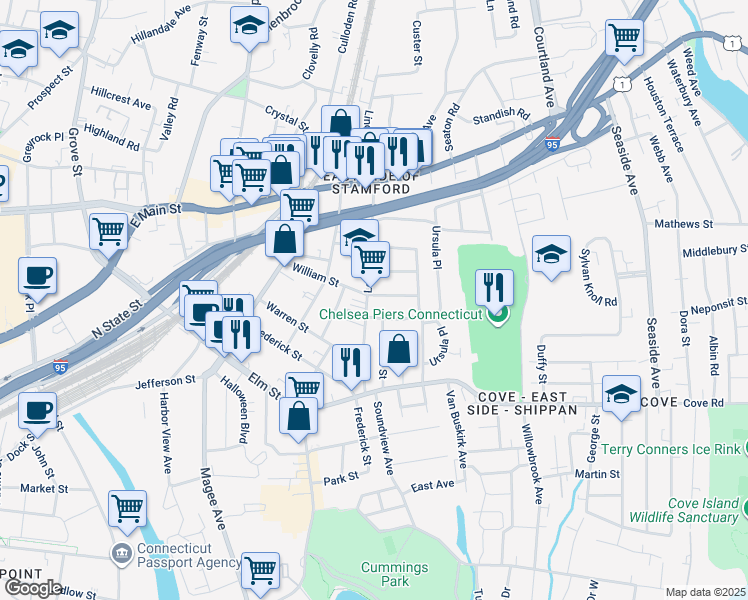 map of restaurants, bars, coffee shops, grocery stores, and more near 16 Woodrow Street in Stamford