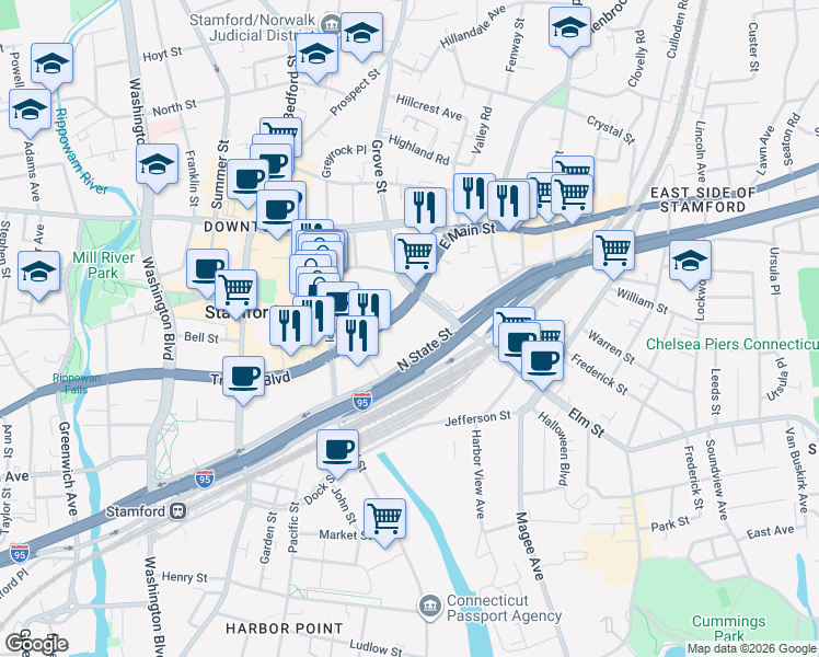 map of restaurants, bars, coffee shops, grocery stores, and more near 301 Tresser Boulevard in Stamford