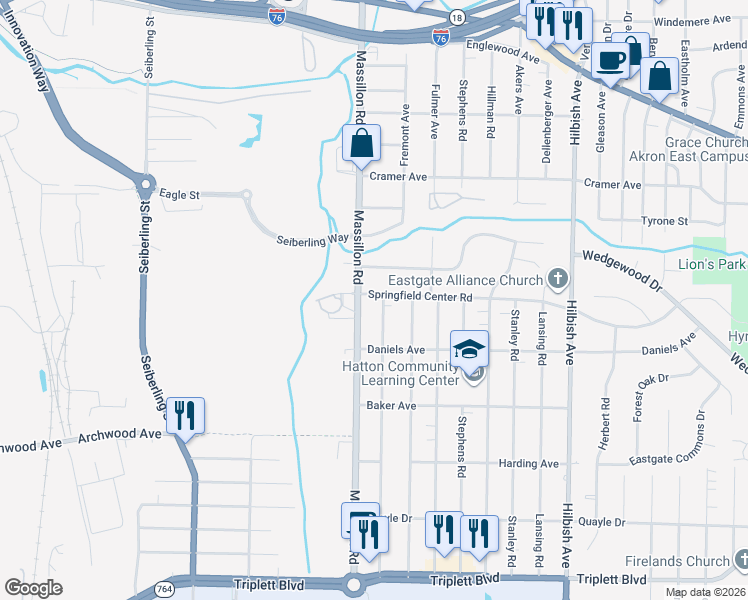 map of restaurants, bars, coffee shops, grocery stores, and more near 328 Baldwin Road in Akron