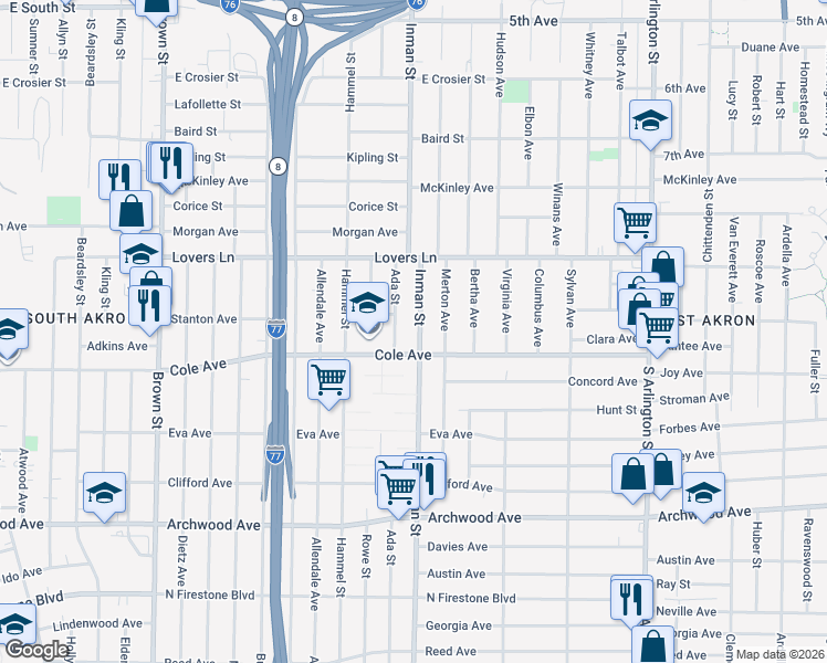 map of restaurants, bars, coffee shops, grocery stores, and more near 967 Inman Street in Akron