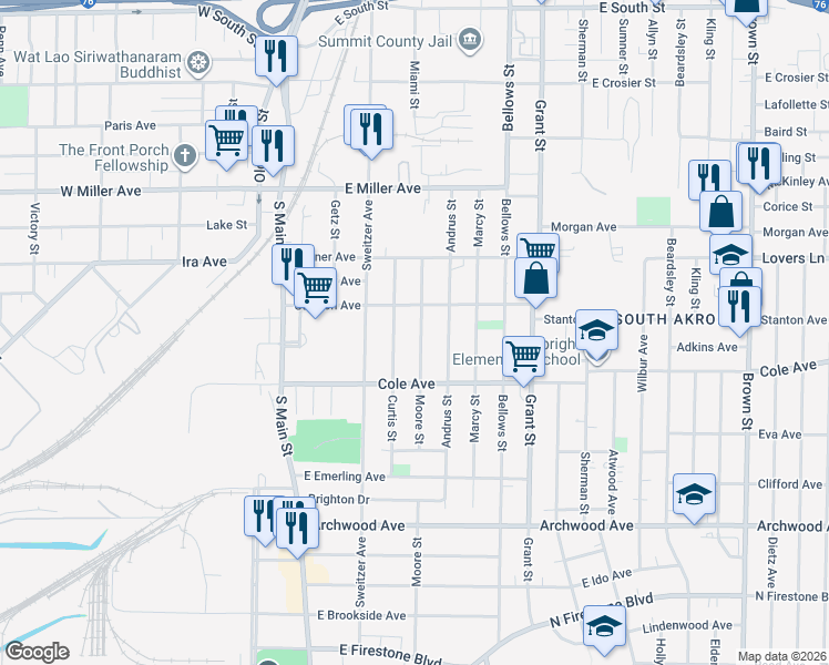 map of restaurants, bars, coffee shops, grocery stores, and more near 1281 Curtis Street in Akron