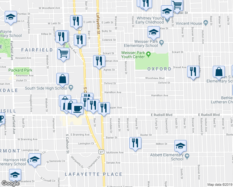 map of restaurants, bars, coffee shops, grocery stores, and more near 3615 Avondale Drive in Fort Wayne