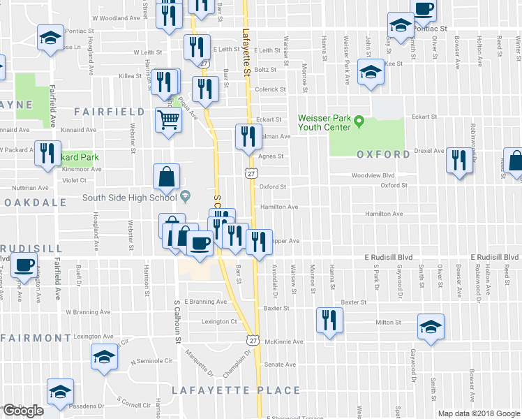 map of restaurants, bars, coffee shops, grocery stores, and more near 3615 Lafayette Street in Fort Wayne