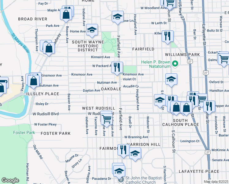 map of restaurants, bars, coffee shops, grocery stores, and more near in Fort Wayne