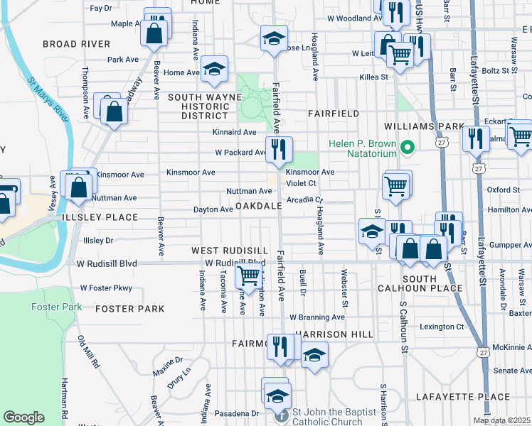 map of restaurants, bars, coffee shops, grocery stores, and more near in Fort Wayne