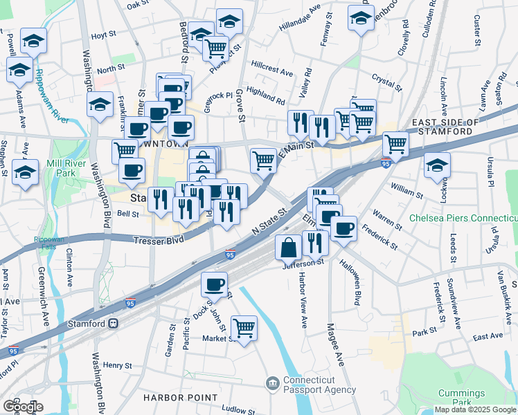 map of restaurants, bars, coffee shops, grocery stores, and more near 301 Tresser Boulevard in Stamford