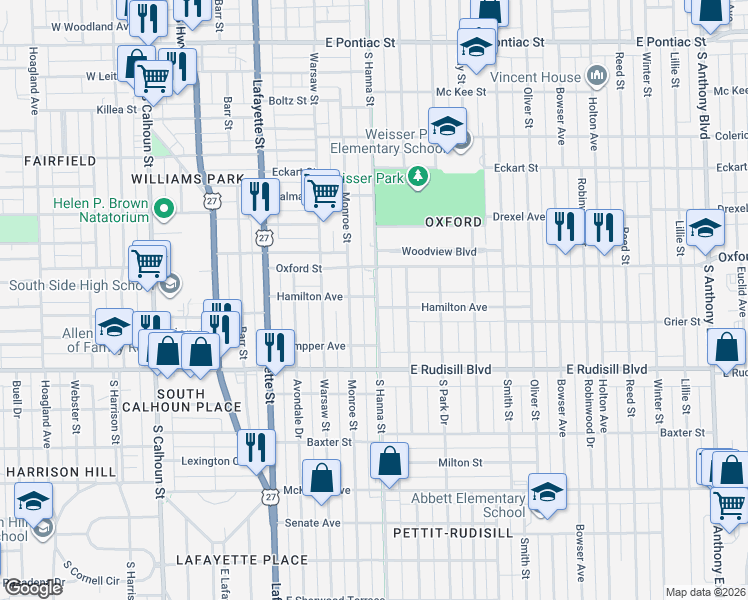 map of restaurants, bars, coffee shops, grocery stores, and more near 3616 Hanna Street in Fort Wayne