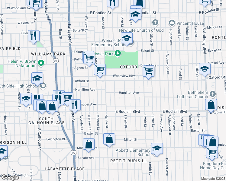 map of restaurants, bars, coffee shops, grocery stores, and more near 3602 Weisser Park Avenue in Fort Wayne