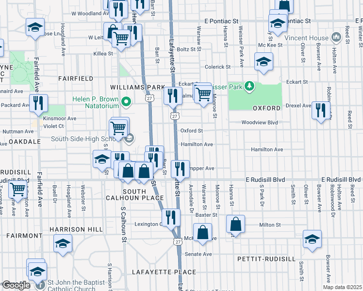 map of restaurants, bars, coffee shops, grocery stores, and more near 3615 Lafayette Street in Fort Wayne