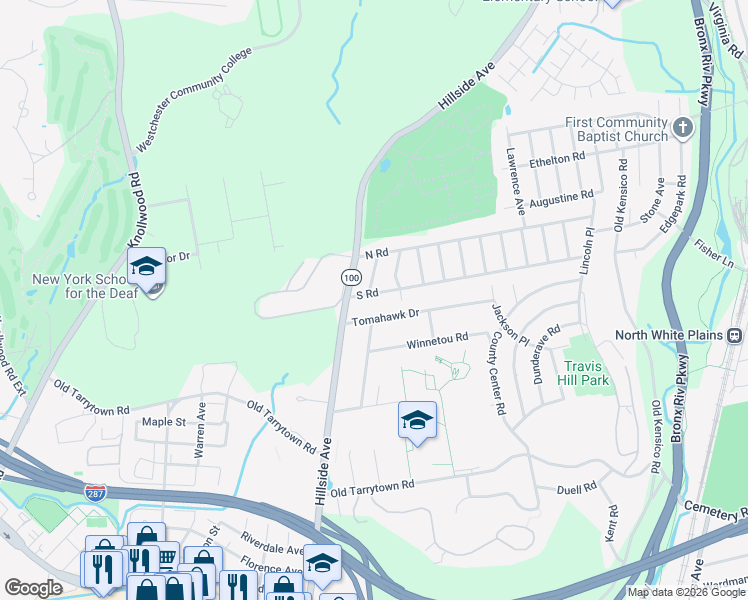 map of restaurants, bars, coffee shops, grocery stores, and more near 5 Tomahawk Drive in White Plains