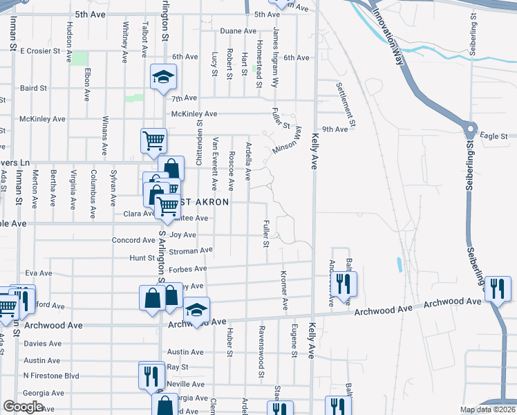 map of restaurants, bars, coffee shops, grocery stores, and more near 706 James Ingram Way in Akron