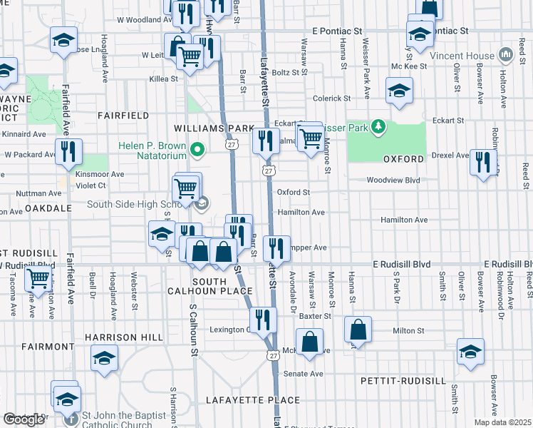 map of restaurants, bars, coffee shops, grocery stores, and more near 3610 Lafayette Street in Fort Wayne
