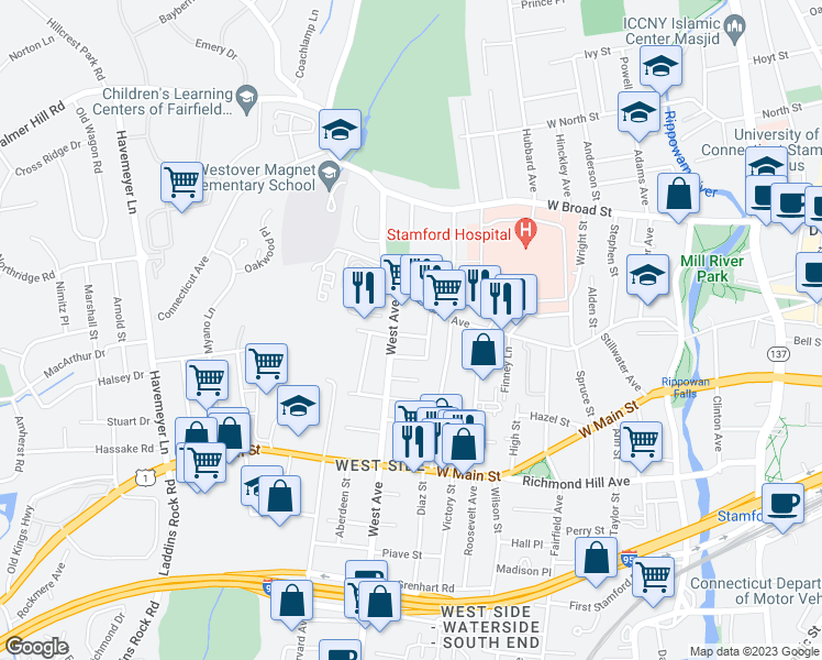 map of restaurants, bars, coffee shops, grocery stores, and more near 18 Burr Street in Stamford