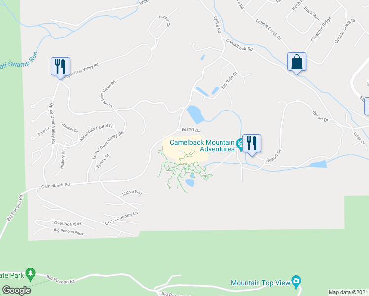 map of restaurants, bars, coffee shops, grocery stores, and more near 1 Camelback Road in Tannersville