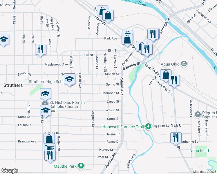 map of restaurants, bars, coffee shops, grocery stores, and more near in Struthers