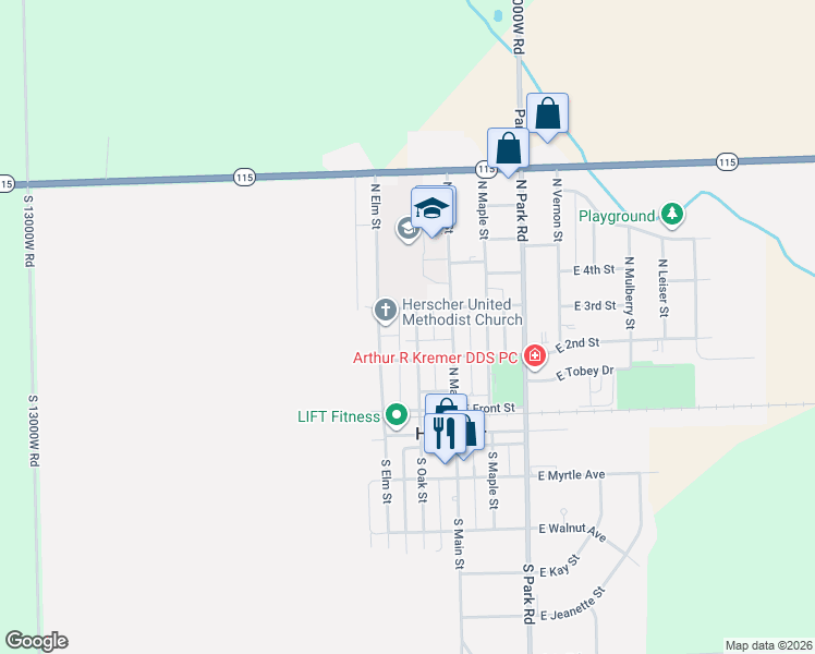 map of restaurants, bars, coffee shops, grocery stores, and more near 243 North Oak Street in Herscher