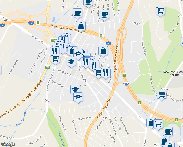 map of restaurants, bars, coffee shops, grocery stores, and more near 5 South Perkins Avenue in Elmsford