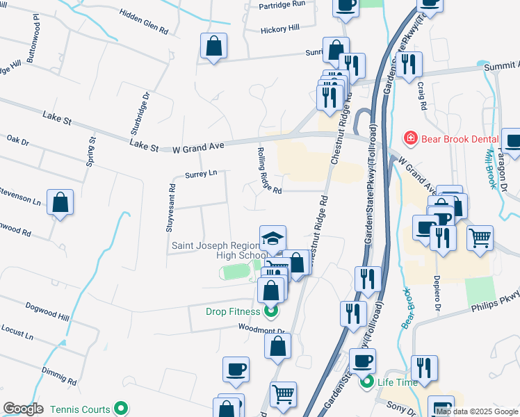 map of restaurants, bars, coffee shops, grocery stores, and more near 10 Rustic Circle in Montvale