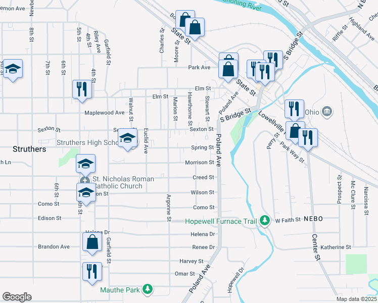 map of restaurants, bars, coffee shops, grocery stores, and more near 93 Morrison Street in Struthers