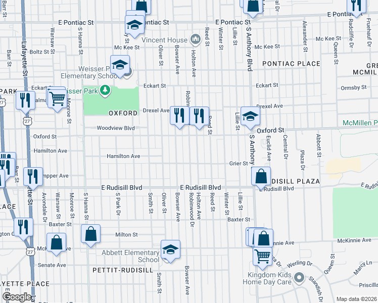 map of restaurants, bars, coffee shops, grocery stores, and more near 3618 Robinwood Drive in Fort Wayne