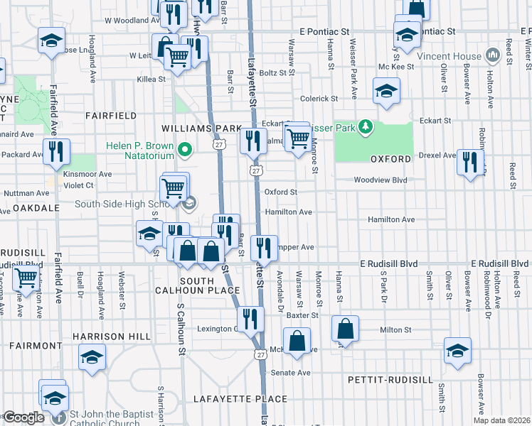 map of restaurants, bars, coffee shops, grocery stores, and more near 3615 Lafayette Street in Fort Wayne