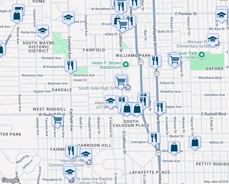 map of restaurants, bars, coffee shops, grocery stores, and more near 3625 South Harrison Street in Fort Wayne