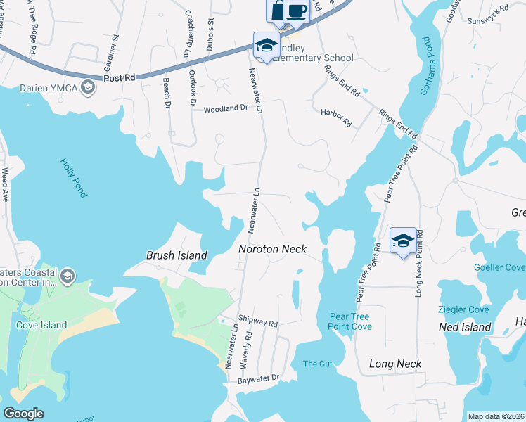 map of restaurants, bars, coffee shops, grocery stores, and more near 110 Nearwater Lane in Darien