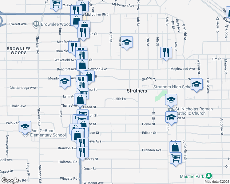 map of restaurants, bars, coffee shops, grocery stores, and more near 545 Judith Lane in Struthers