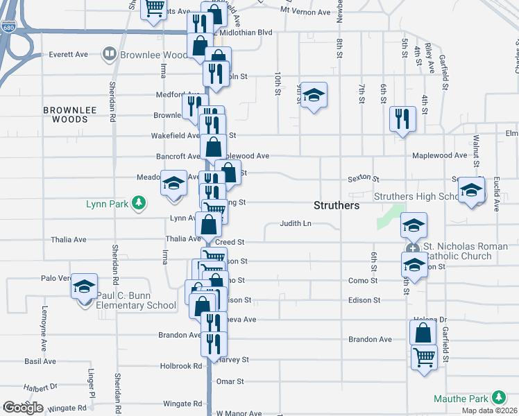 map of restaurants, bars, coffee shops, grocery stores, and more near 592 Spring Street in Struthers