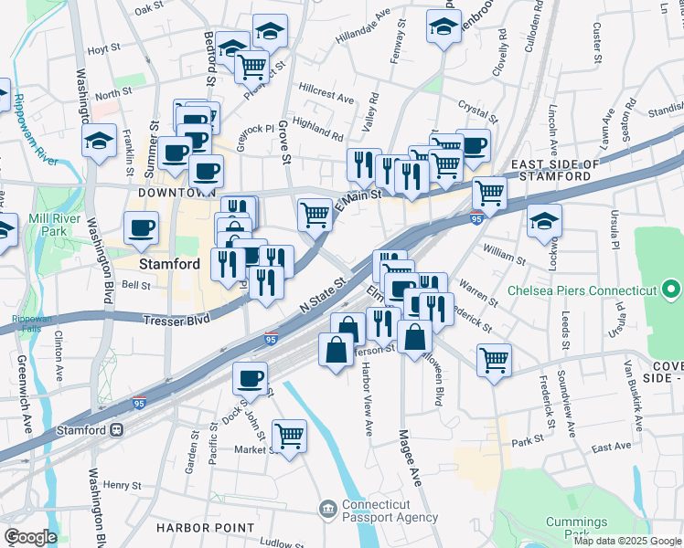 map of restaurants, bars, coffee shops, grocery stores, and more near 107 North State Street in Stamford