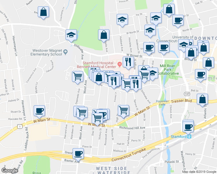 map of restaurants, bars, coffee shops, grocery stores, and more near Stillwater Avenue & Liberty Street in Stamford
