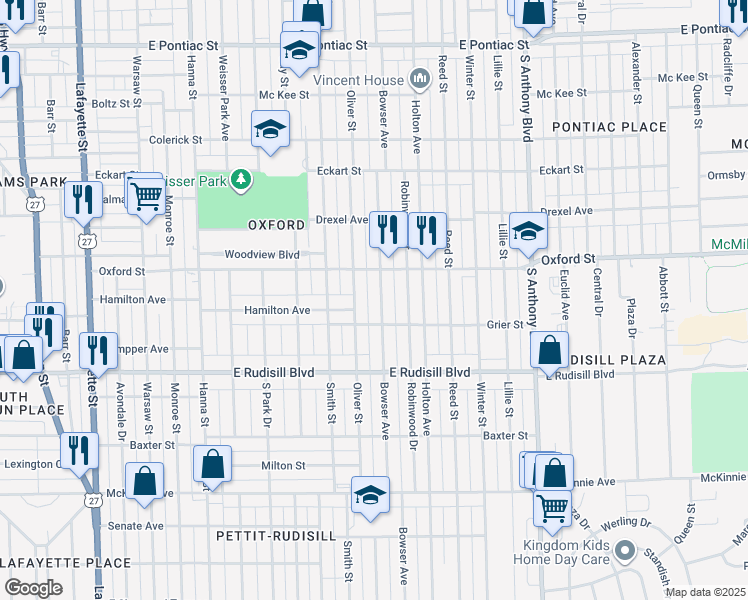map of restaurants, bars, coffee shops, grocery stores, and more near 3602 Bowser Avenue in Fort Wayne