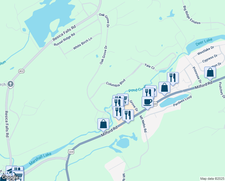 map of restaurants, bars, coffee shops, grocery stores, and more near 20 Columbia Boulevard in East Stroudsburg