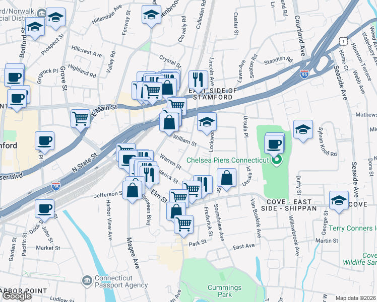 map of restaurants, bars, coffee shops, grocery stores, and more near 122 Maple Avenue in Stamford