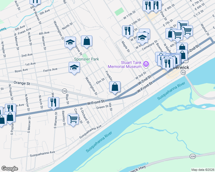 map of restaurants, bars, coffee shops, grocery stores, and more near 301 Lasalle Street in Berwick