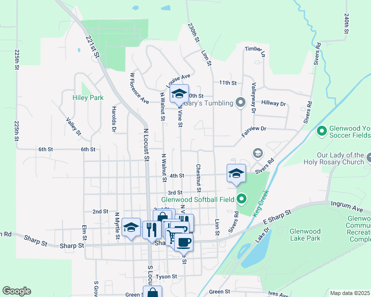 map of restaurants, bars, coffee shops, grocery stores, and more near 504 North Vine Street in Glenwood