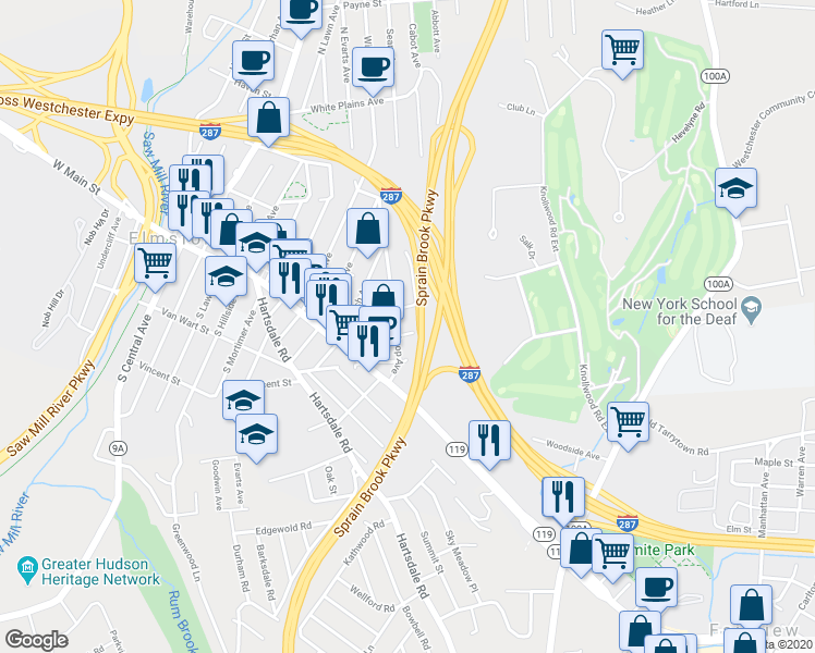 map of restaurants, bars, coffee shops, grocery stores, and more near 6 Crest Place in Elmsford