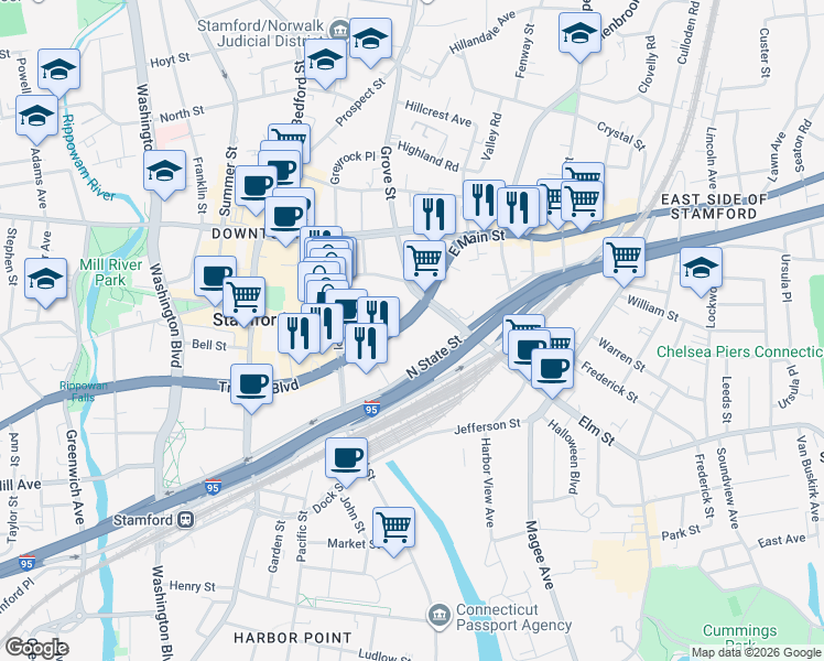 map of restaurants, bars, coffee shops, grocery stores, and more near 301 Tresser Boulevard in Stamford