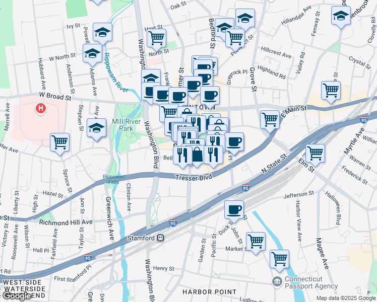 map of restaurants, bars, coffee shops, grocery stores, and more near 252 Atlantic Street in Stamford