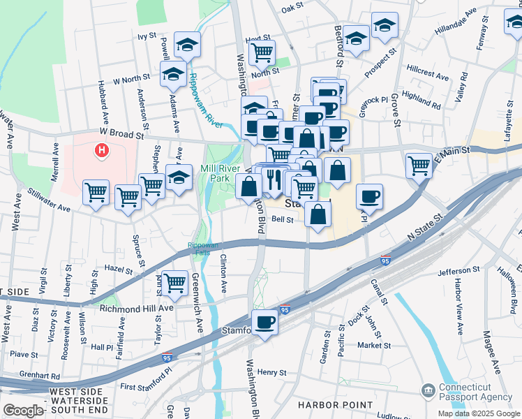 map of restaurants, bars, coffee shops, grocery stores, and more near 895 Washington Boulevard in Stamford