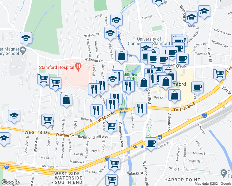 map of restaurants, bars, coffee shops, grocery stores, and more near 19 West Main Street in Stamford