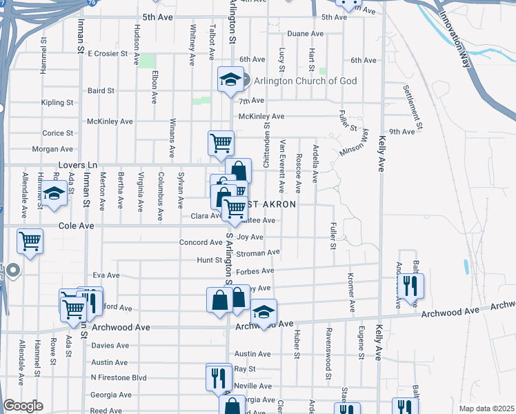 map of restaurants, bars, coffee shops, grocery stores, and more near in Akron