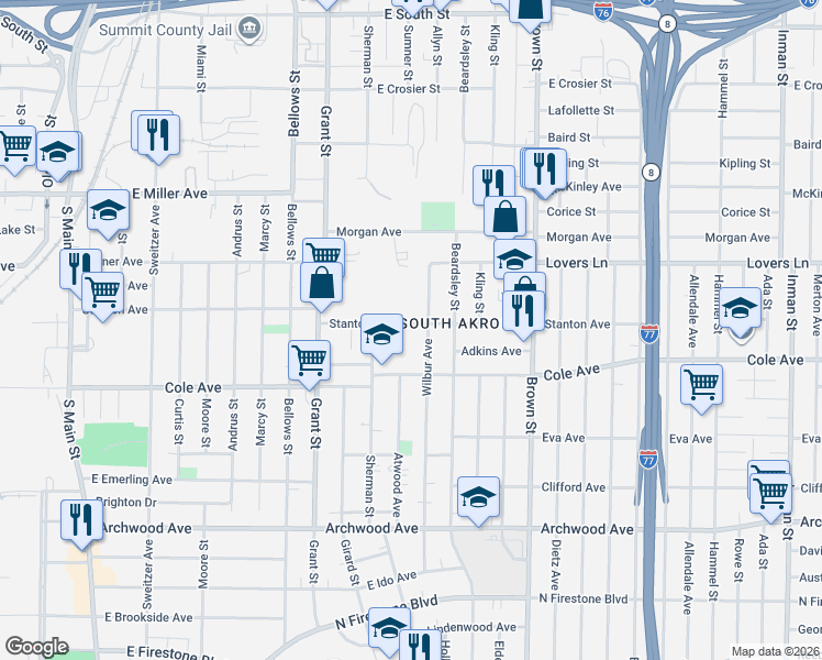 map of restaurants, bars, coffee shops, grocery stores, and more near 1134 Wilbur Avenue in Akron