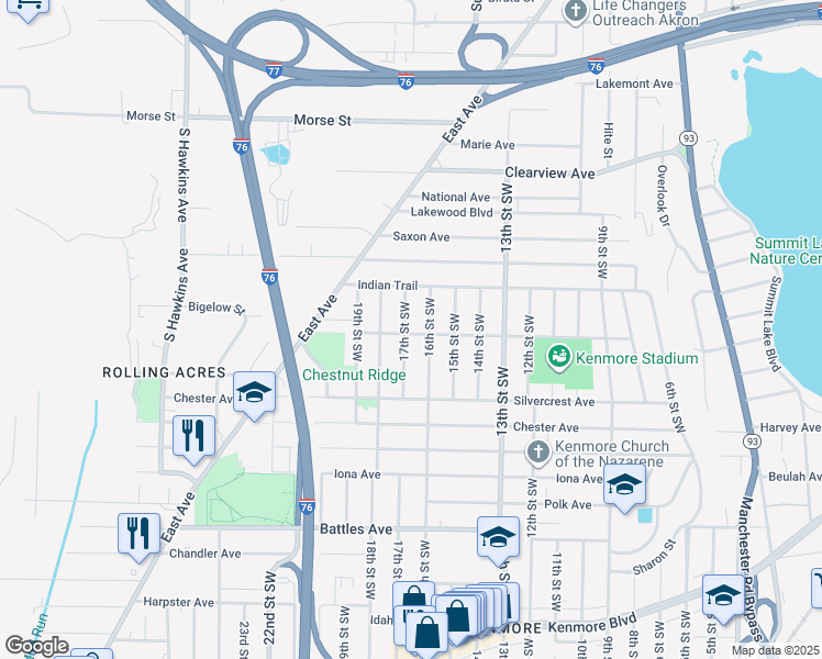 map of restaurants, bars, coffee shops, grocery stores, and more near 1899 17th Street Southwest in Akron